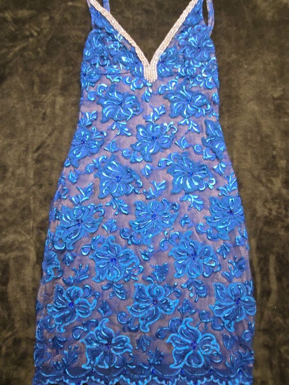 Valiant Paris Hand Painted Blue Lace Rhinestone Bodycon Dress, Size S